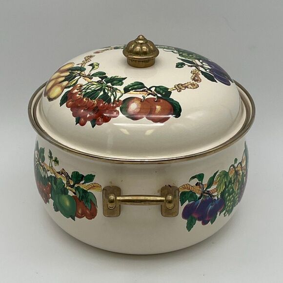 TABLETOPS UNLIMITED Pot and Lid Enamel Steel Heat Fruits Covered Serving Dish - Picture 8 of 14